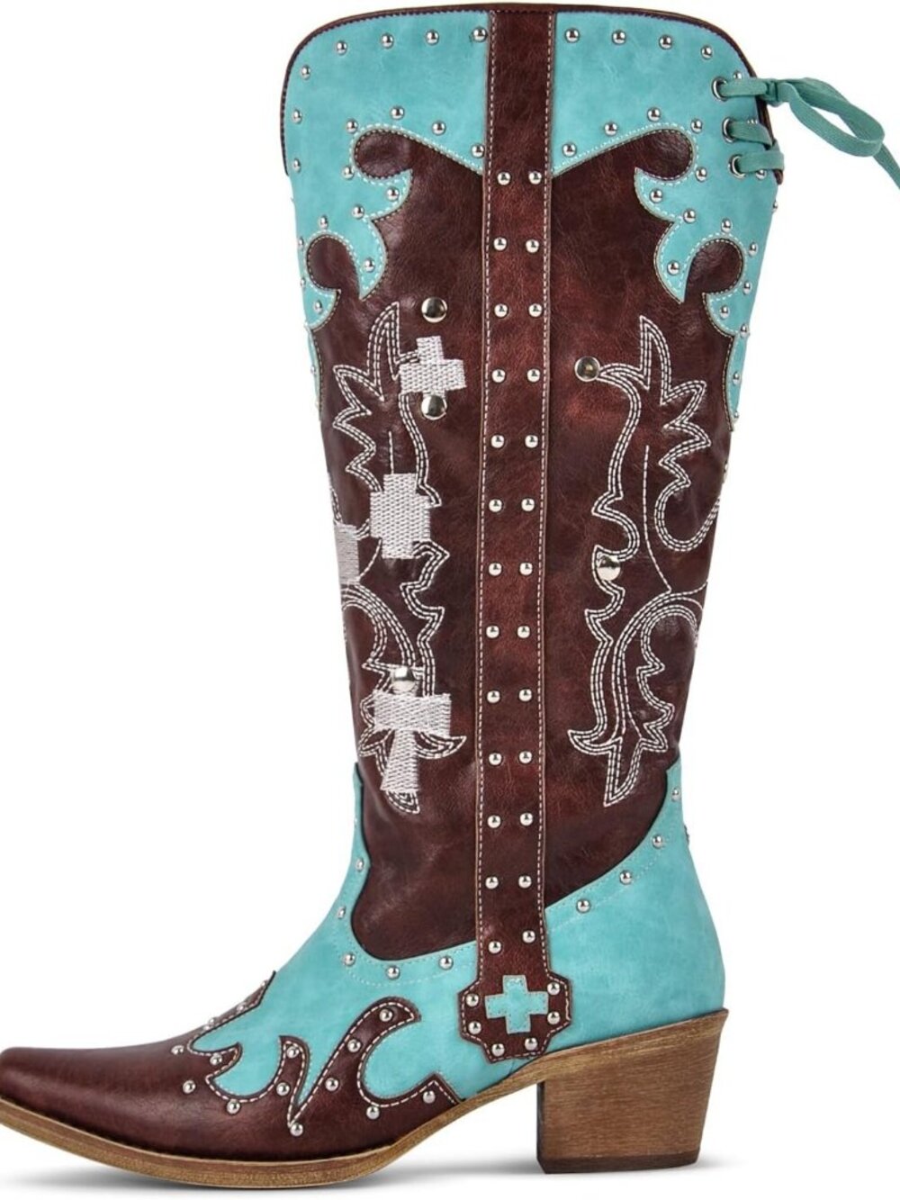 Embroidered Cowboy Boots Knee High Studded Two Tone Pathwork Cowgirl Low Heel